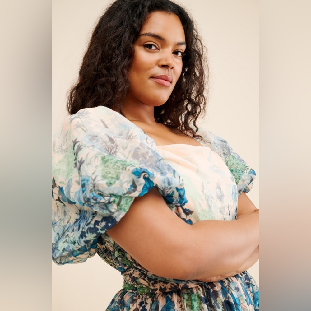 Anthropologie Let Me Be Flo Ruched Mini Dress Plus Size 3X Floral Puff Sleeve - Picture 8 of 15